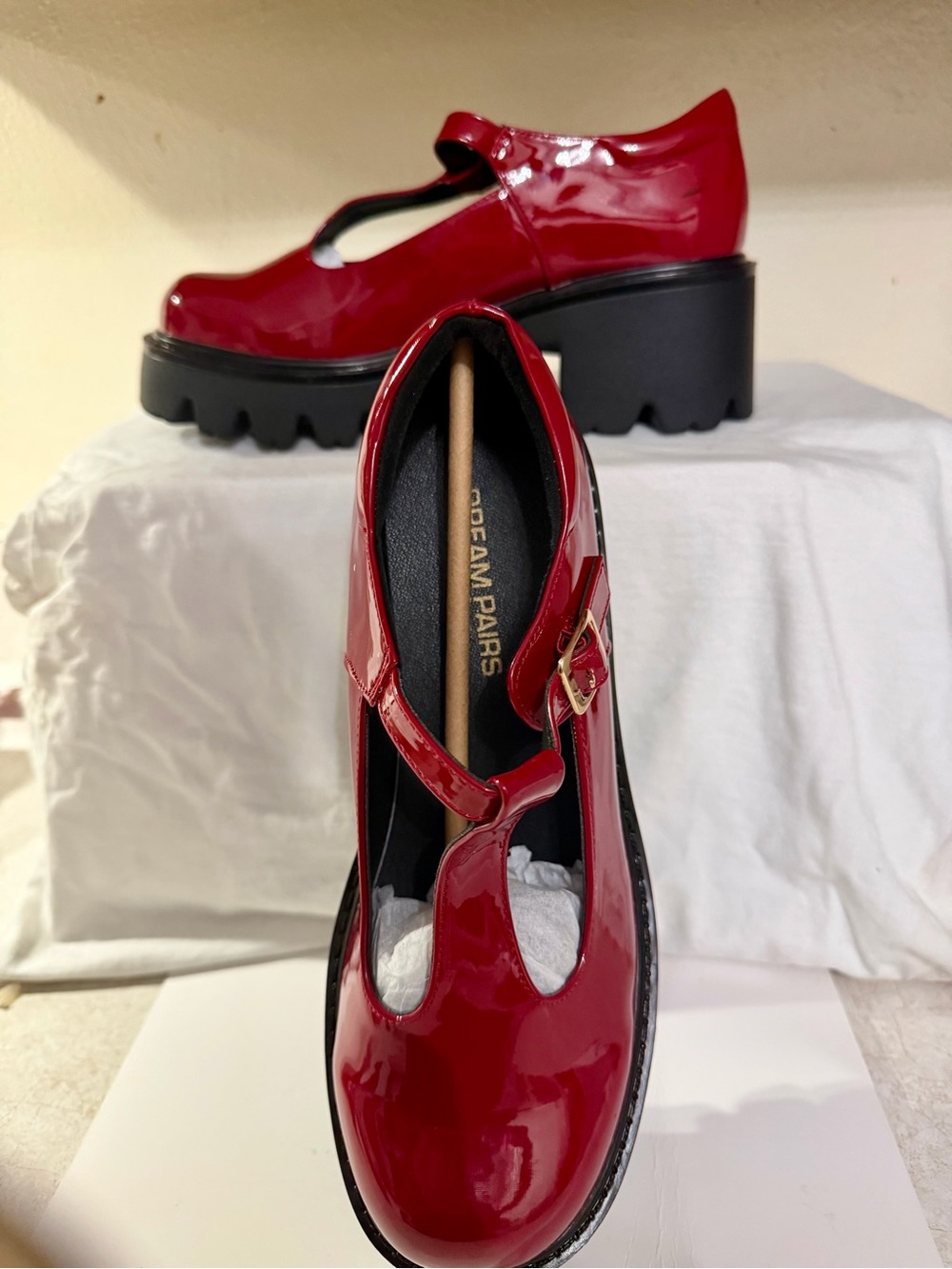 Dream Pairs Red Patent T-Strap Chunky Platform Mary Janes